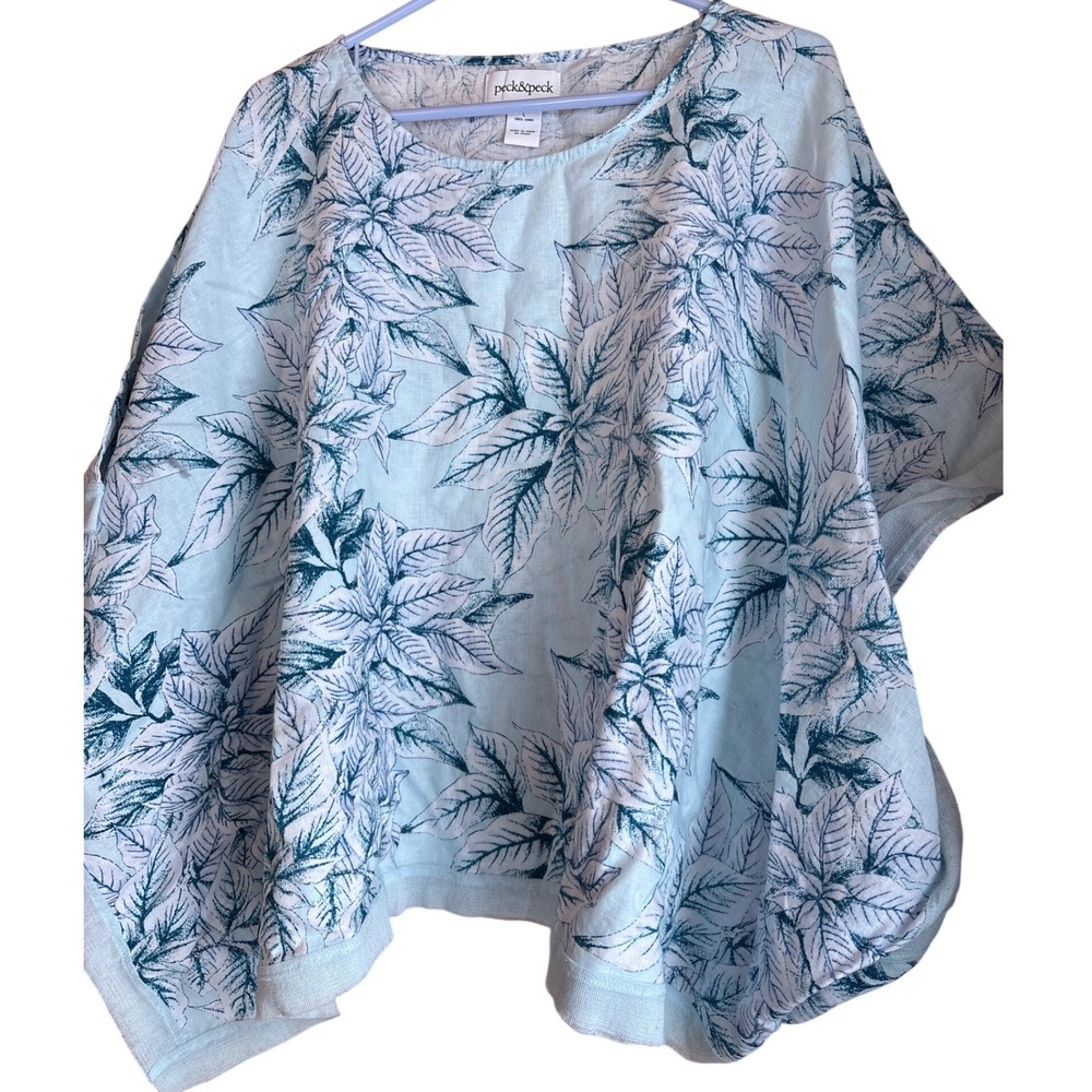 Peck & Peck Womens Blue Floral 100% Linen Poncho Top Size Large Coastal Boho